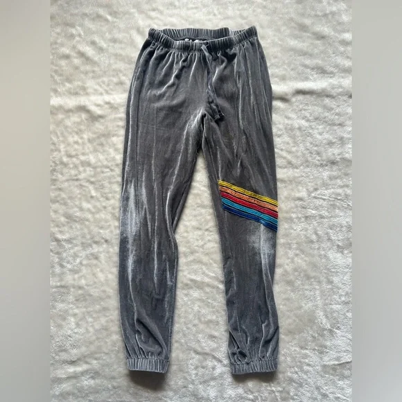 Aviator nation look alike Gray Velvet Joggers with Rainbow Stripe - Picture 1 of 6